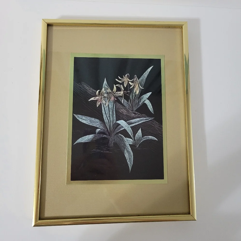 Sally Miller Art Scratchboard Orchids Framed